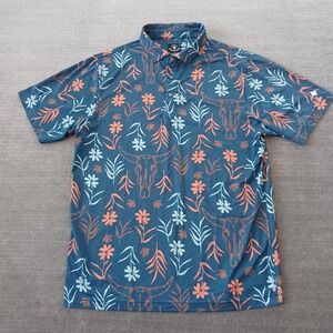 Raised By Coyotes Polo Shirt Men Medium Blue Floral Bull Skulls Golf Performance
